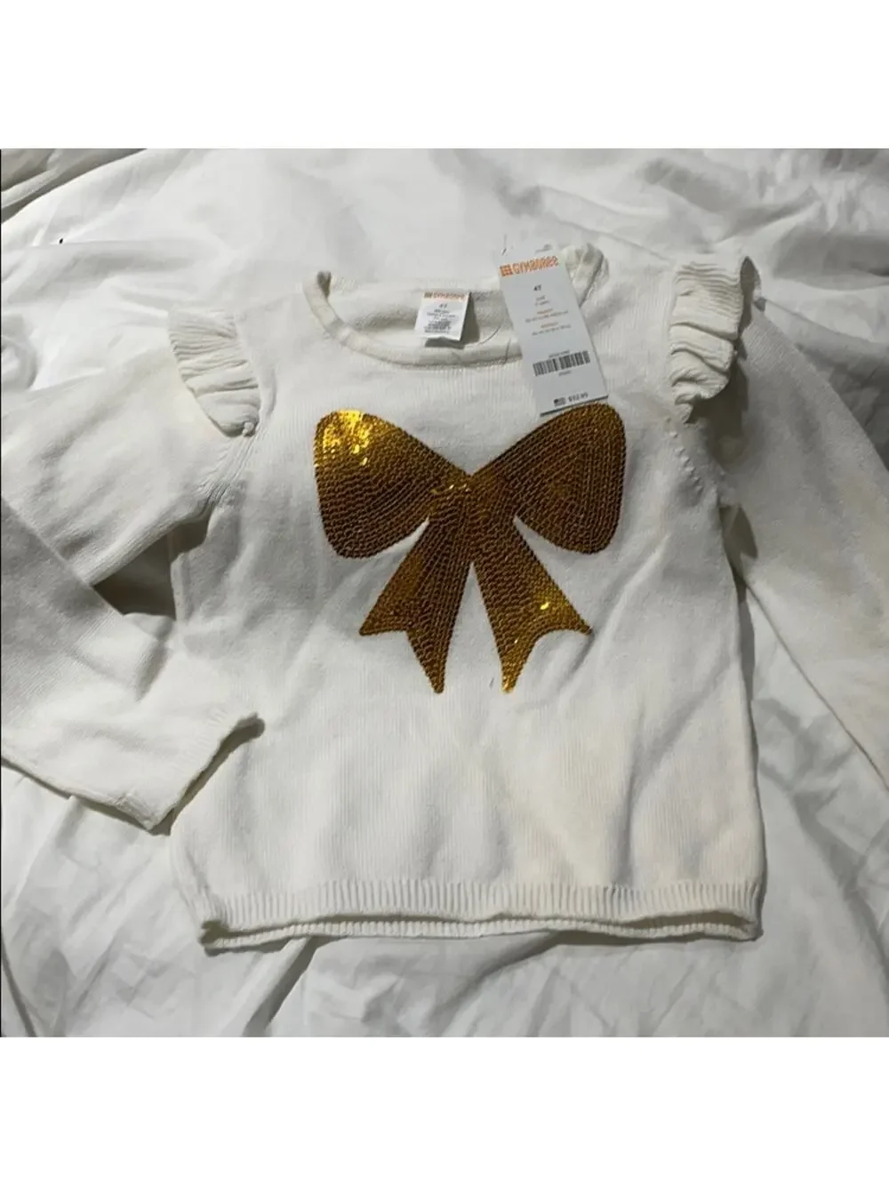 Gymboree 4 cream gold bow sequin sweater NWT preppy cotton ruffled shoulder